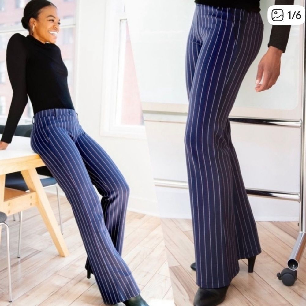 Betabrand Dress Pant Yoga Pant Straight Leg Navy Blue Red Pin Stripe